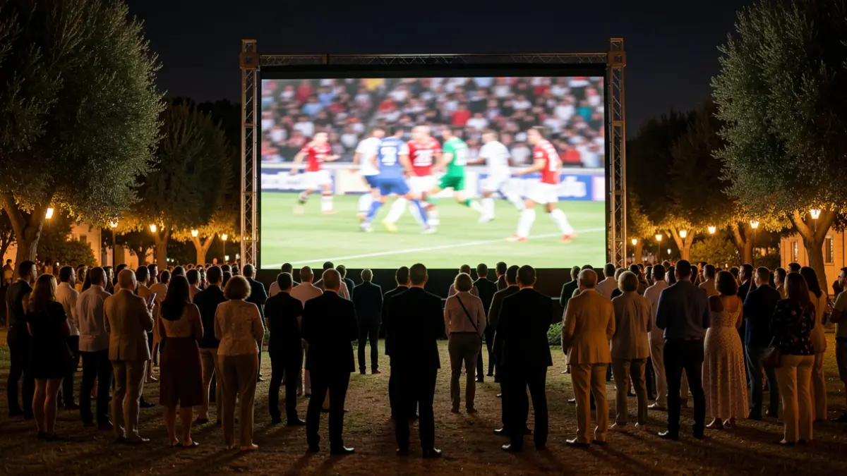 Large screen broadcasting a football match in a fairground at night.