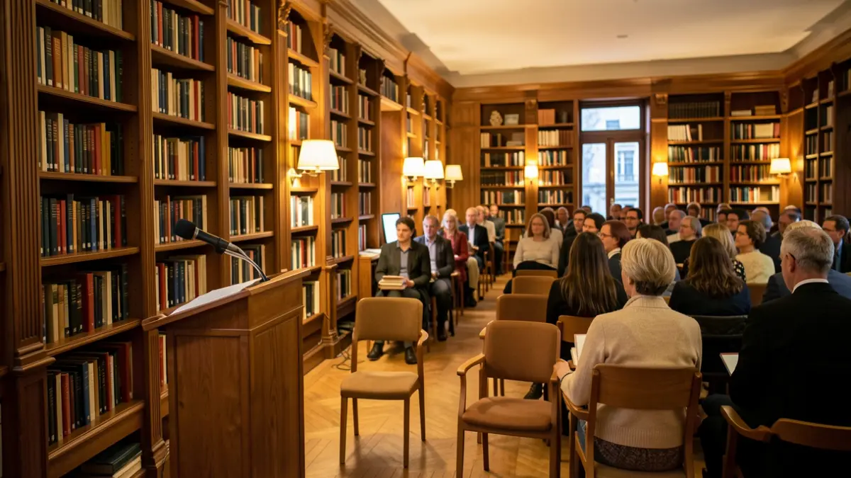 Imagen genérica de una sala de actos con estanterías de libros y un micrófono.