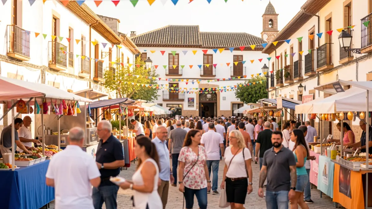 Plaza de España en Cabra durante la Feria del Mediodía con barras y decoración.