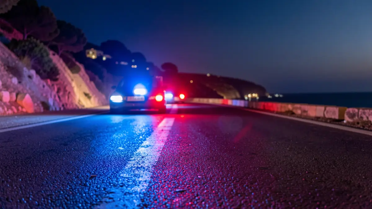 Imagen genérica de luces de emergencia policiales reflejadas en el asfalto durante la noche.