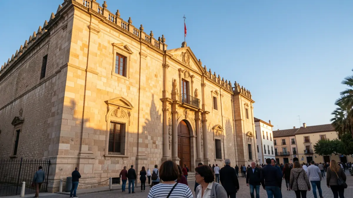 Facade of the Fortaleza de la Mota in Alcalá la Real at sunset.