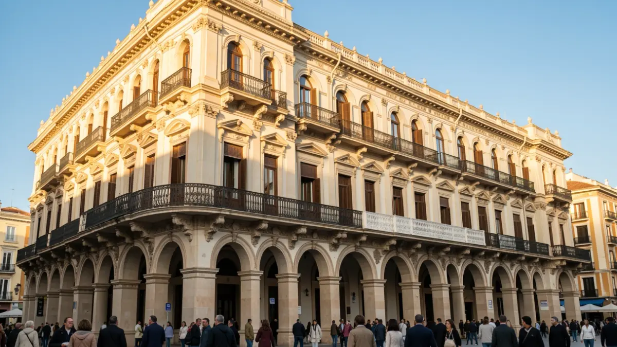 Facade of a historic building in Málaga with ornate balconies.