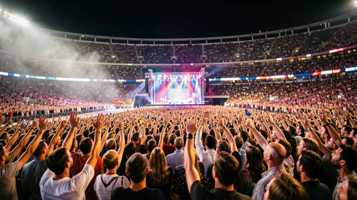 Generic image of a cheering crowd at an outdoor concert at night.