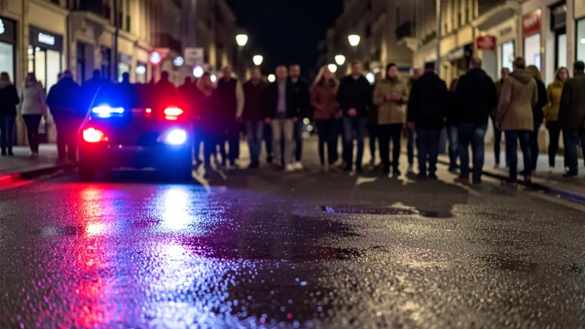 Imagen genérica de luces de emergencia policiales reflejándose en el asfalto mojado por la noche.