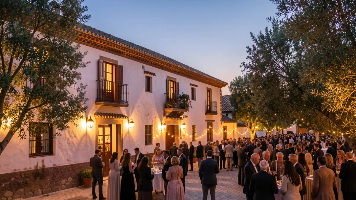 Generic image of an Andalusian hermitage at dusk with festive lights.