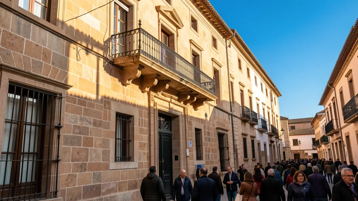 Fachada de piedra de un ayuntamiento andaluz con balcón ornamentado y barandillas de hierro, luz cálida de la tarde proyectando sombras sobre los muros de arenisca, cielo azul.