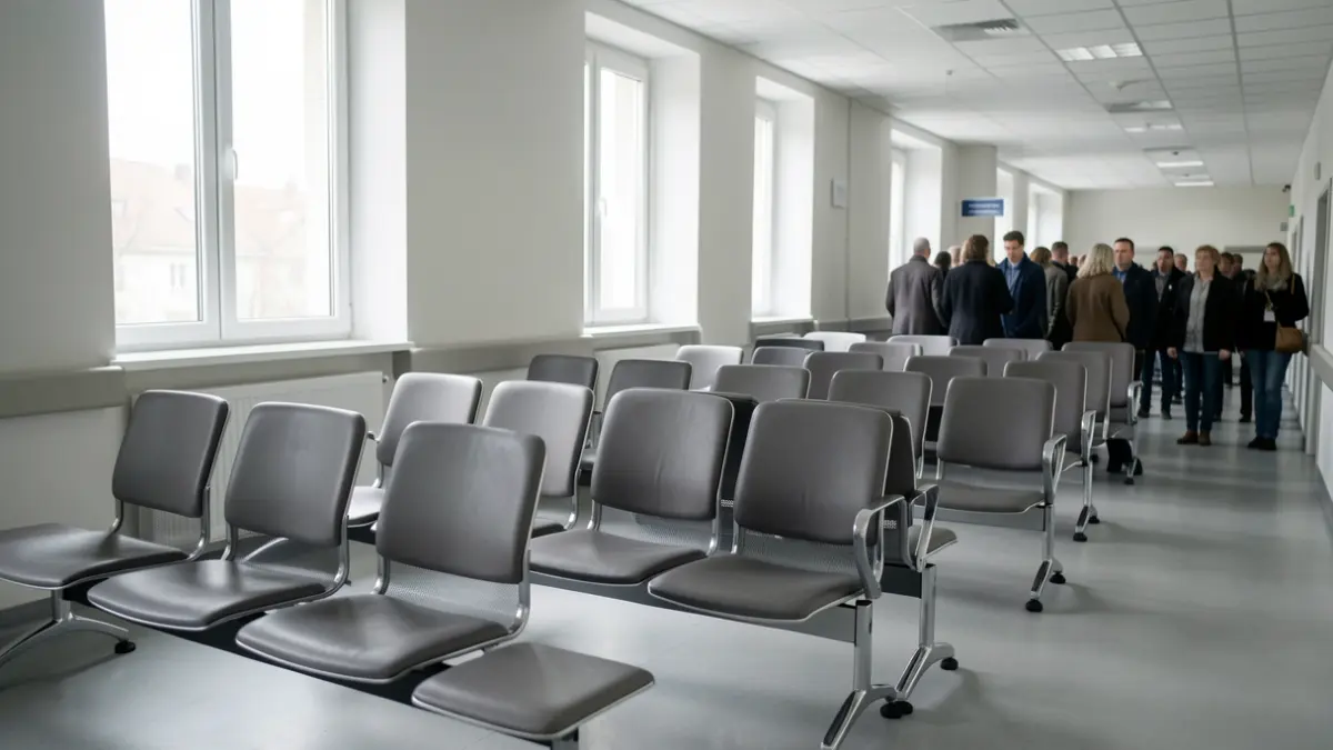 Sala de espera vacía en un entorno hospitalario con luz natural.