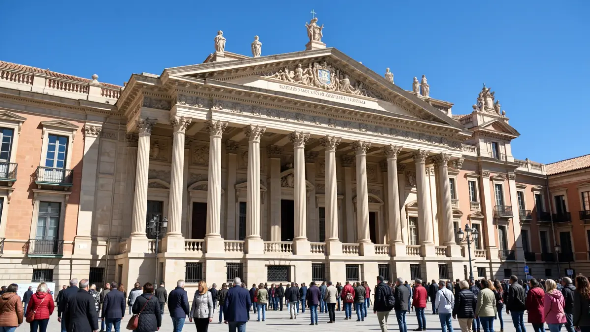 Fachada del parlamento regional de Andalucía con columnas y detalles ornamentados, bajo el sol del mediodía.