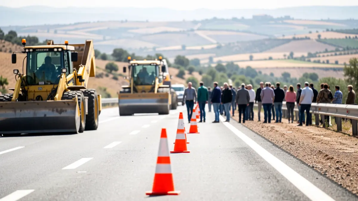 Obras de asfaltado en una autovía andaluza con maquinaria y conos de señalización.
