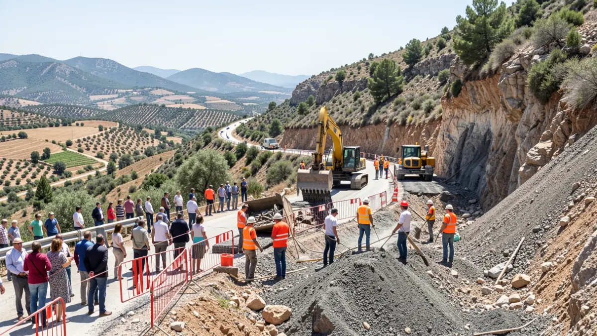Repair works on a road in the province of Malaga following storm damage.