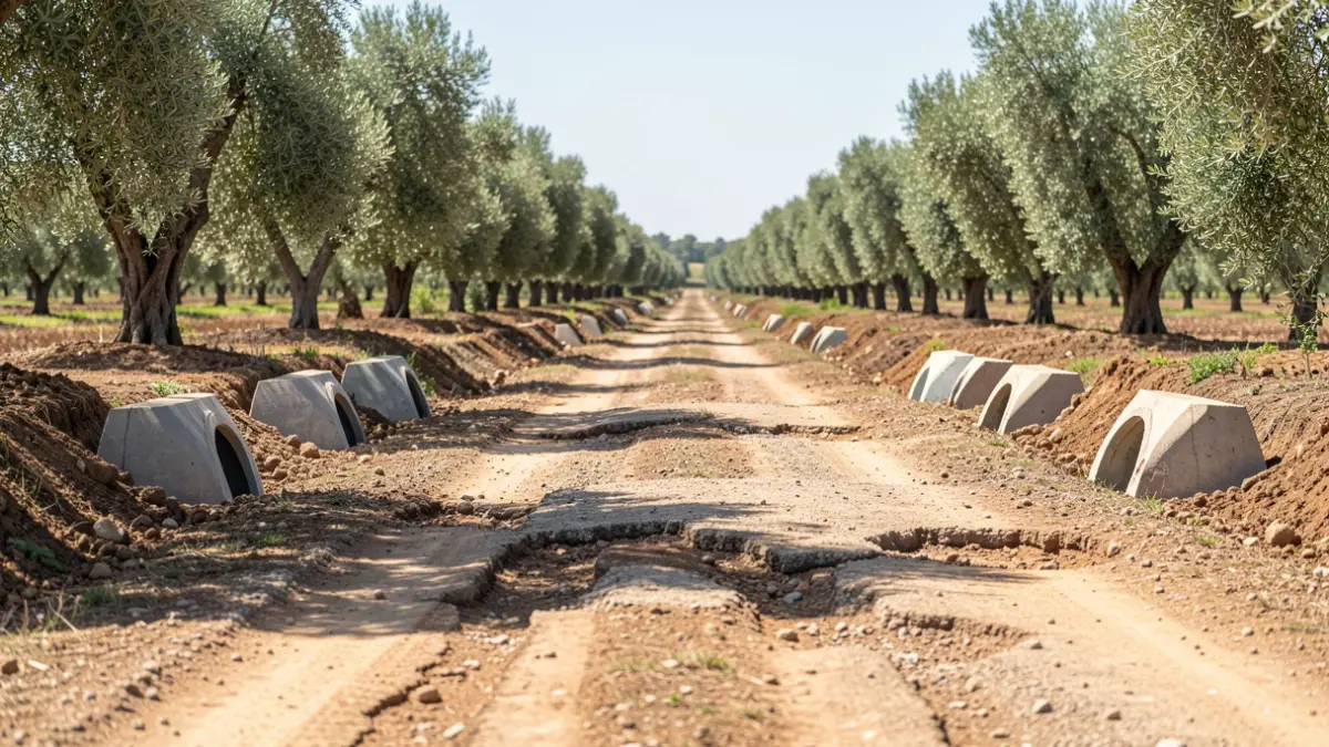 Damaged rural road being repaired with new surface and culverts in the province of Jaén.