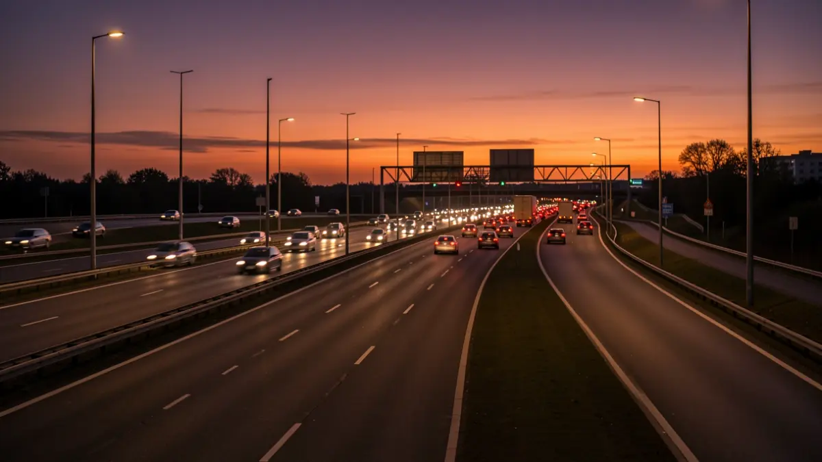 Imagen genérica de una autopista con varios carriles y arcenes anchos al atardecer, mostrando signos de congestión.