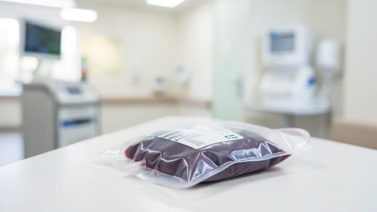 Imagen genérica de una bolsa de donación de sangre en un entorno sanitario.