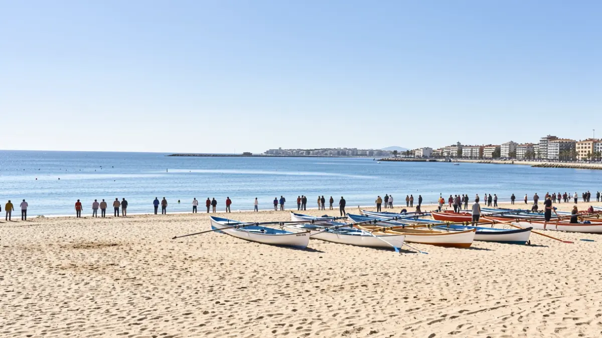 Poniente beach in La Línea during the Andalusian beach sprint rowing championship.