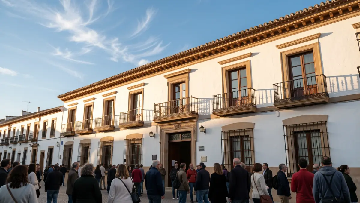 Facade of the La Línea de la Concepción Town Hall with ornate balconies and white walls, under the afternoon sunlight.