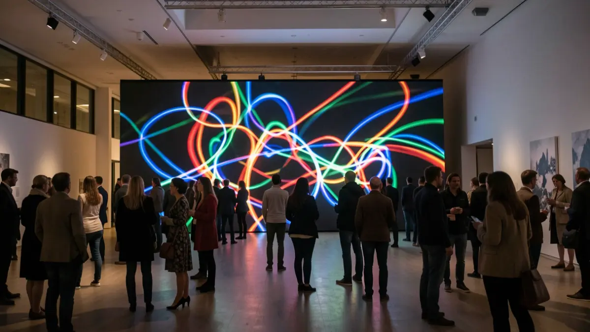 Instalación multimedia de luces y formas abstractas en una sala cultural.