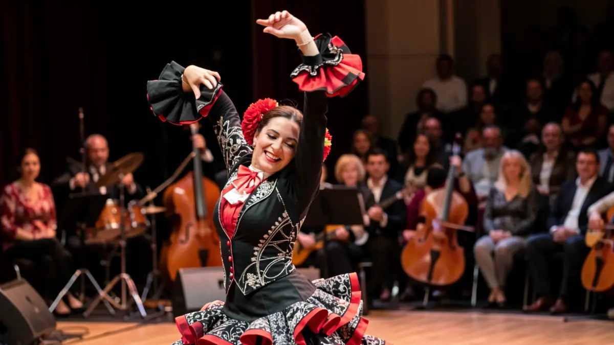 Bailarina de flamenco actuando con pasión bajo luces dramáticas.