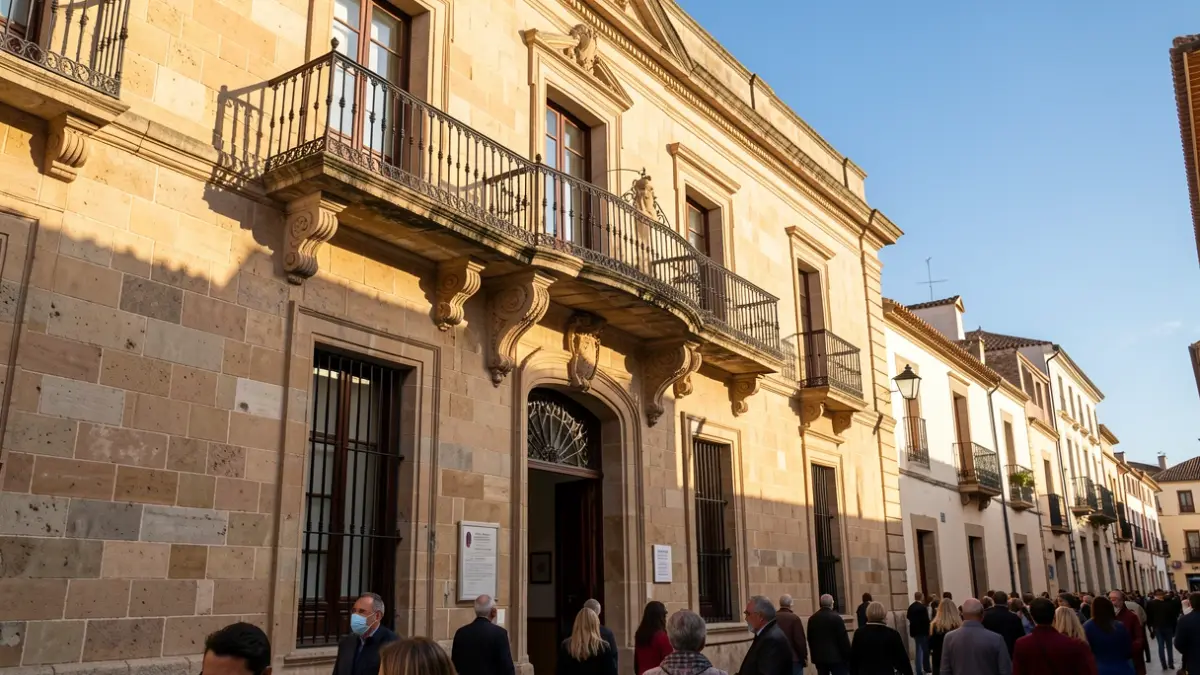 Facade of an Andalusian town hall with a balcony and iron railings, warm afternoon light.