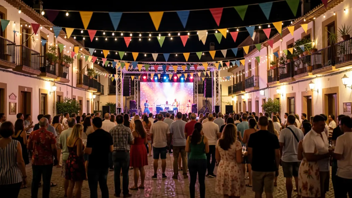Escenario festivo al aire libre en una plaza andaluza por la noche, con luces y público.