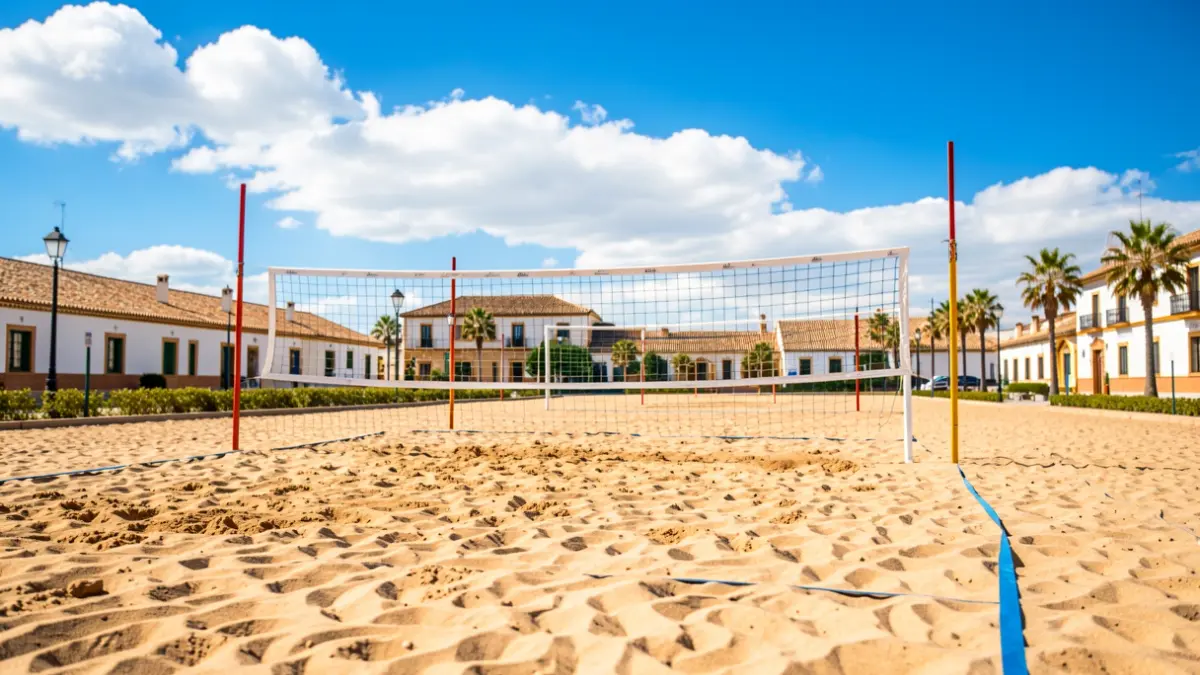Beach handball court in Andalucía with nets and goalposts.