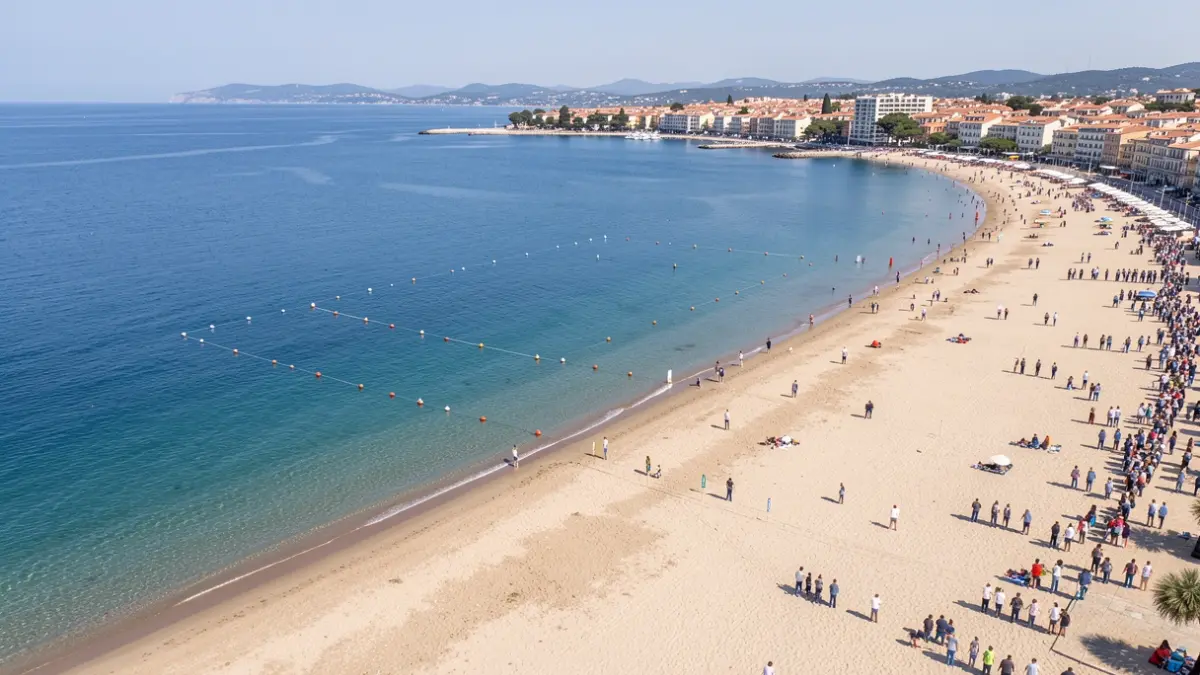 Aerial view of a beach with a race course marked by buoys.