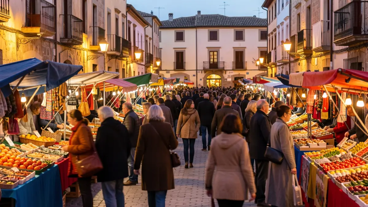 Generic image of a street market in a Spanish square at dusk.