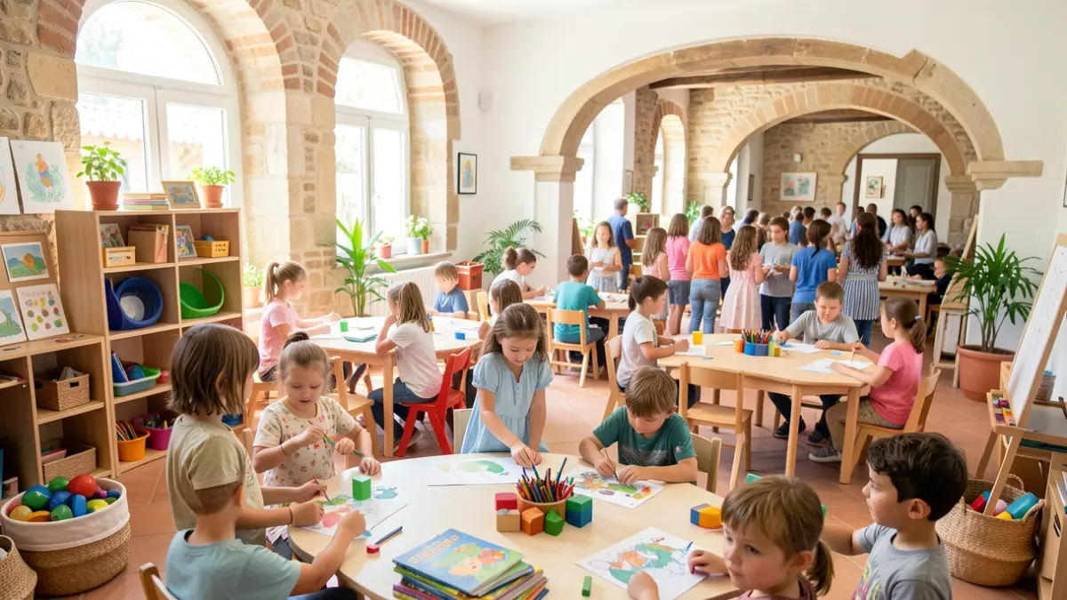 Niños y niñas participando en talleres creativos y juegos en una ludoteca.