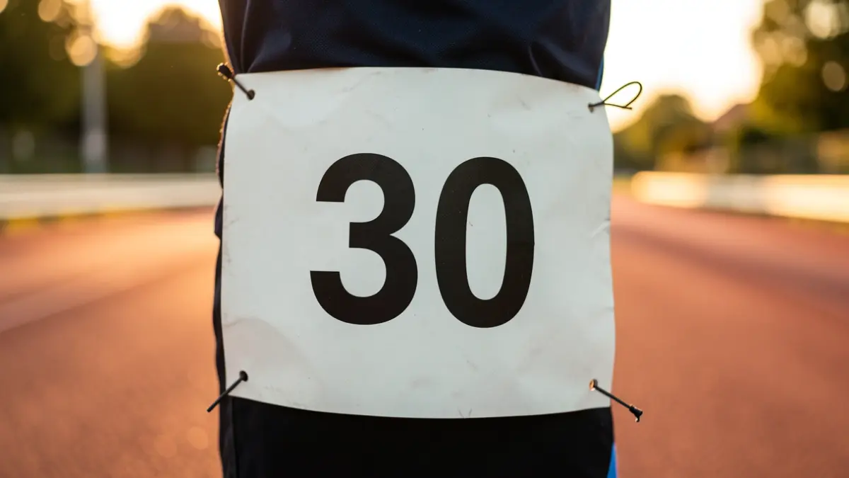 Dorsal genérico con el número 30 sobre un fondo desenfocado de pista de atletismo.