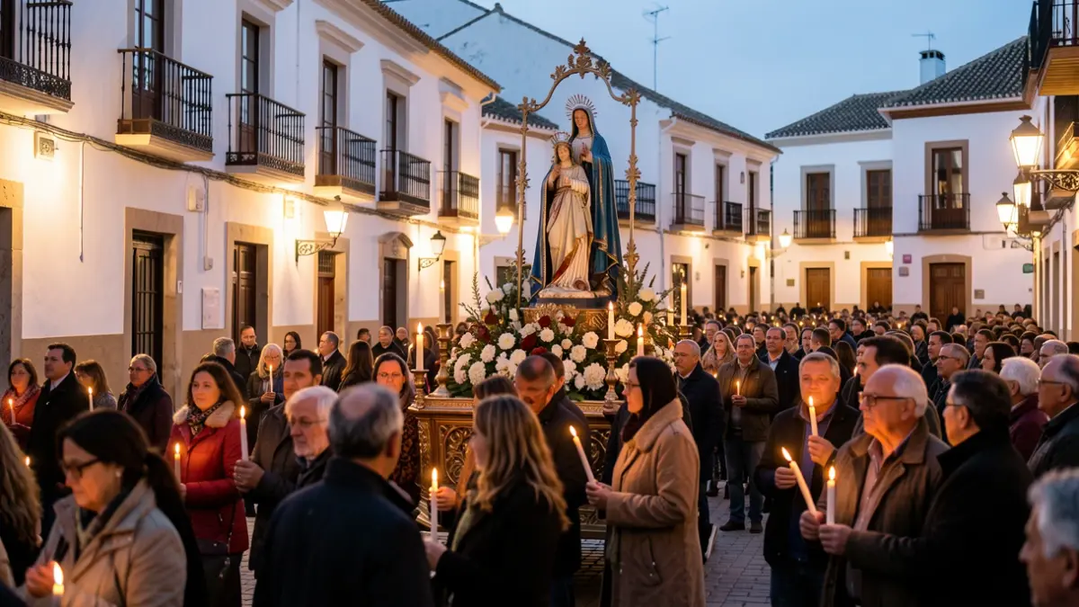 Extraordinary religious procession in a Córdoba square at dusk.