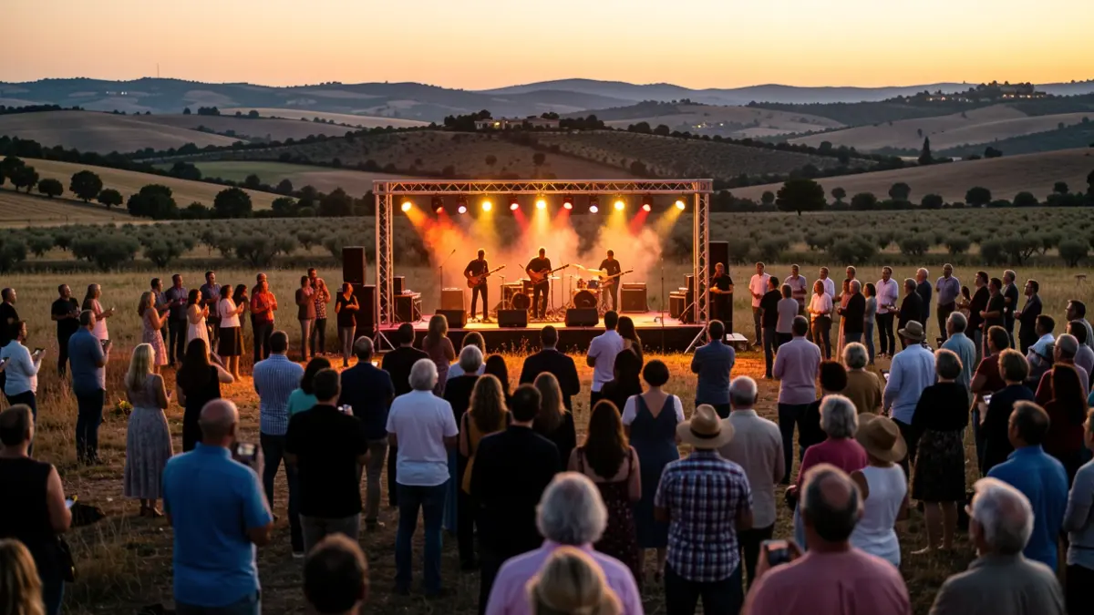 Imagen genérica de un concierto al aire libre en una zona rural de Andalucía al atardecer.