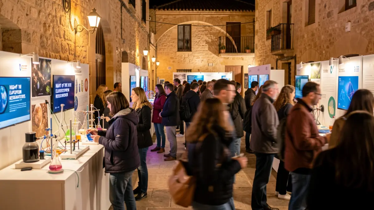Imagen genérica de un evento de divulgación científica nocturna con público interactuando.