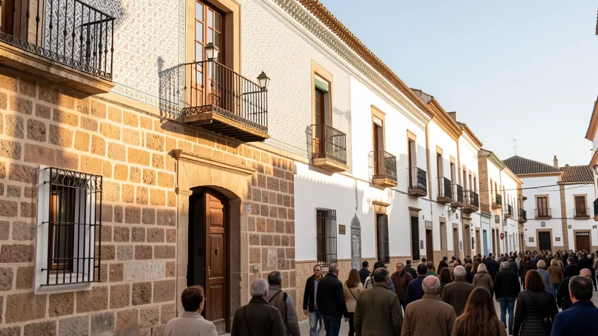 Fachada de un edificio tradicional andaluz en Córdoba con balcón de hierro forjado y azulejos.