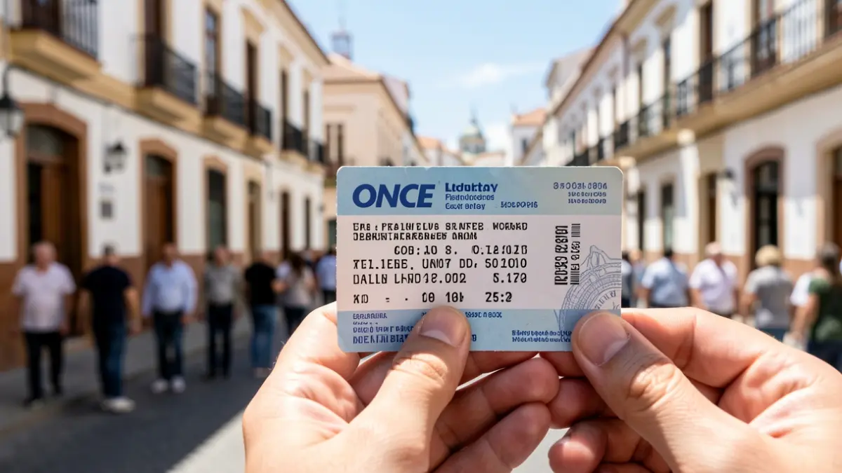 Hand holding an ONCE lottery ticket on a street in Cádiz with Andalusian architecture.