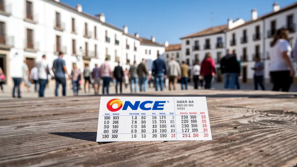 Boleto de lotería de la ONCE con números ganadores sobre una mesa de madera en una plaza de pueblo andaluz.