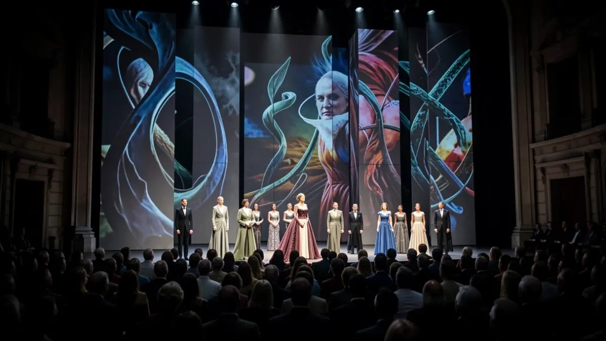Escena de ópera con vestuario de alta costura y elementos visuales abstractos.