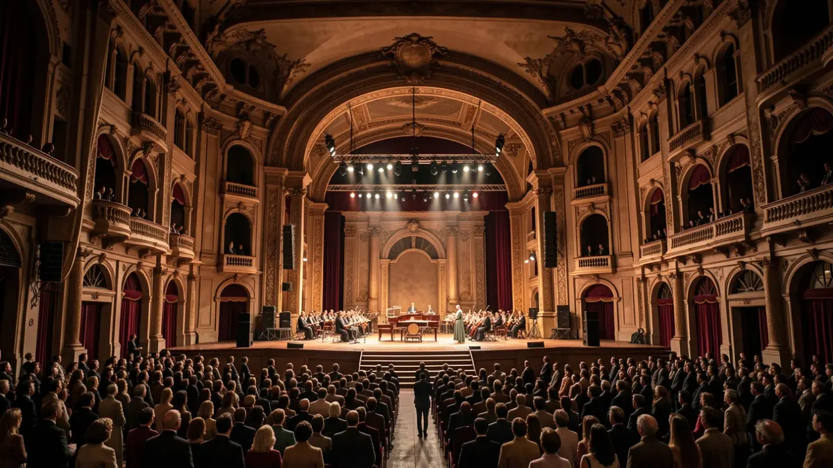 Opera stage set inspired by a 1950s film set in Italy.