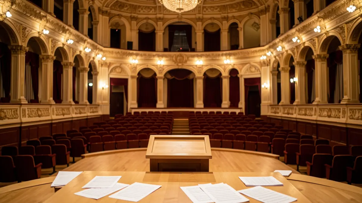 Interior of a concert hall with a podium on the stage.