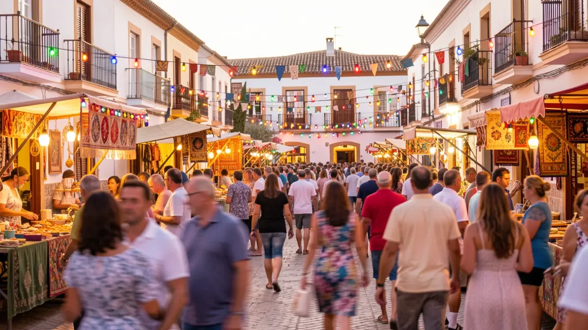 Imagen genérica de una plaza andaluza durante una verbena festiva con luces y ambiente.