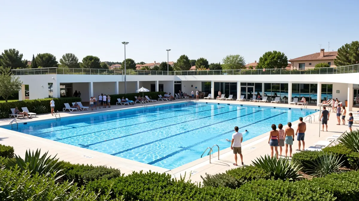 Generic image of a modern municipal swimming pool in Andalusia.