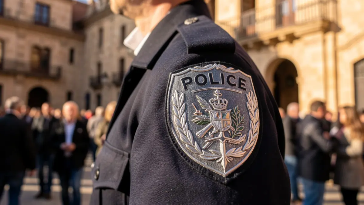 Image of a police badge with a blurred historic building in Seville in the background.