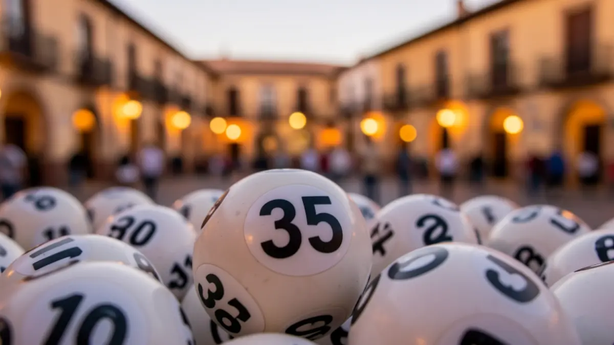 Close-up of lottery balls with numbers, one ball showing '35', against a blurred background of a Spanish town square at dusk.