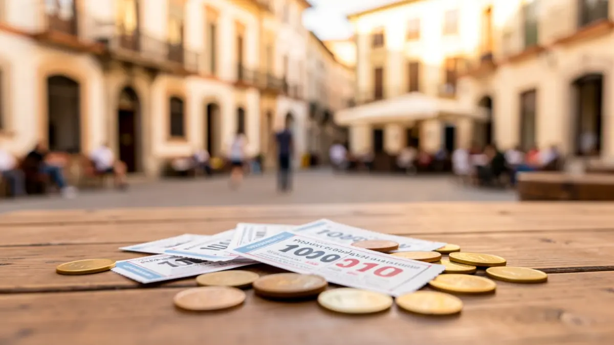 Lottery ticket and coins on a wooden table.
