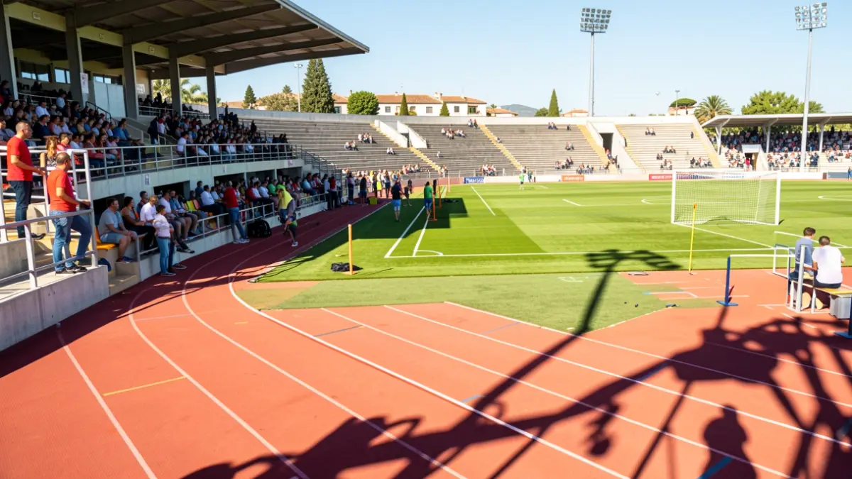 Instalaciones deportivas al aire libre en Andalucía con público en las gradas.