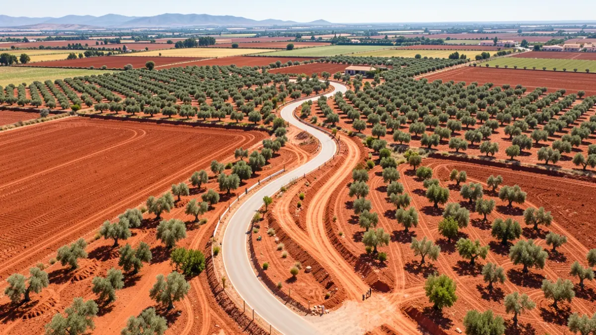 Generic image of an Andalusian rural landscape with farmland and a road construction path.