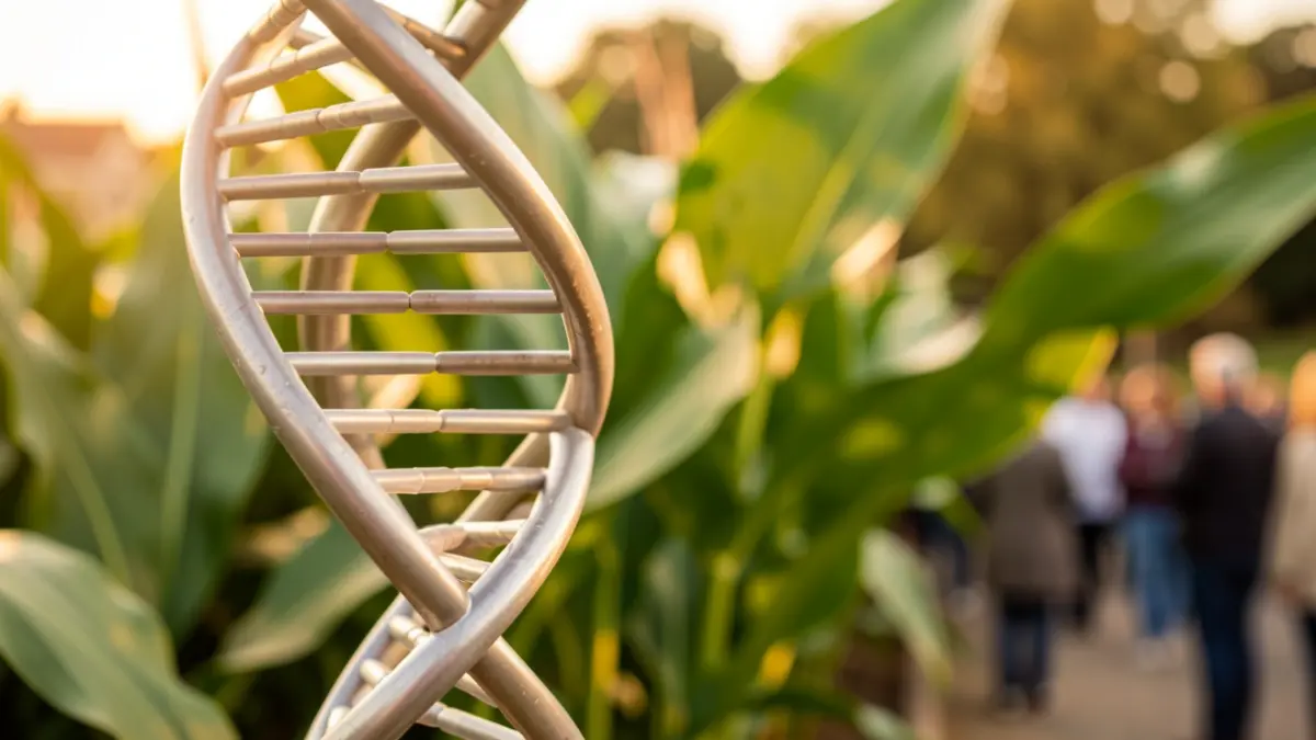 DNA helix model with blurred green plant leaves in the background.