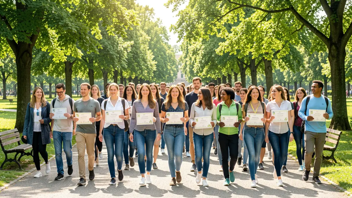 Generic image of people walking together in a sunny urban environment.