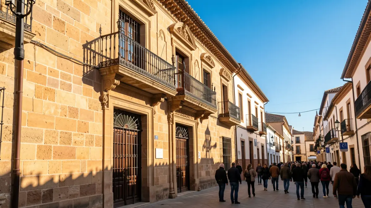 Facade of a traditional Andalusian town hall with a balcony and iron railings, under the afternoon sunlight.