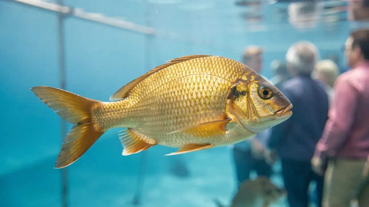 Close-up of a sea bream swimming in clear aquaculture waters.