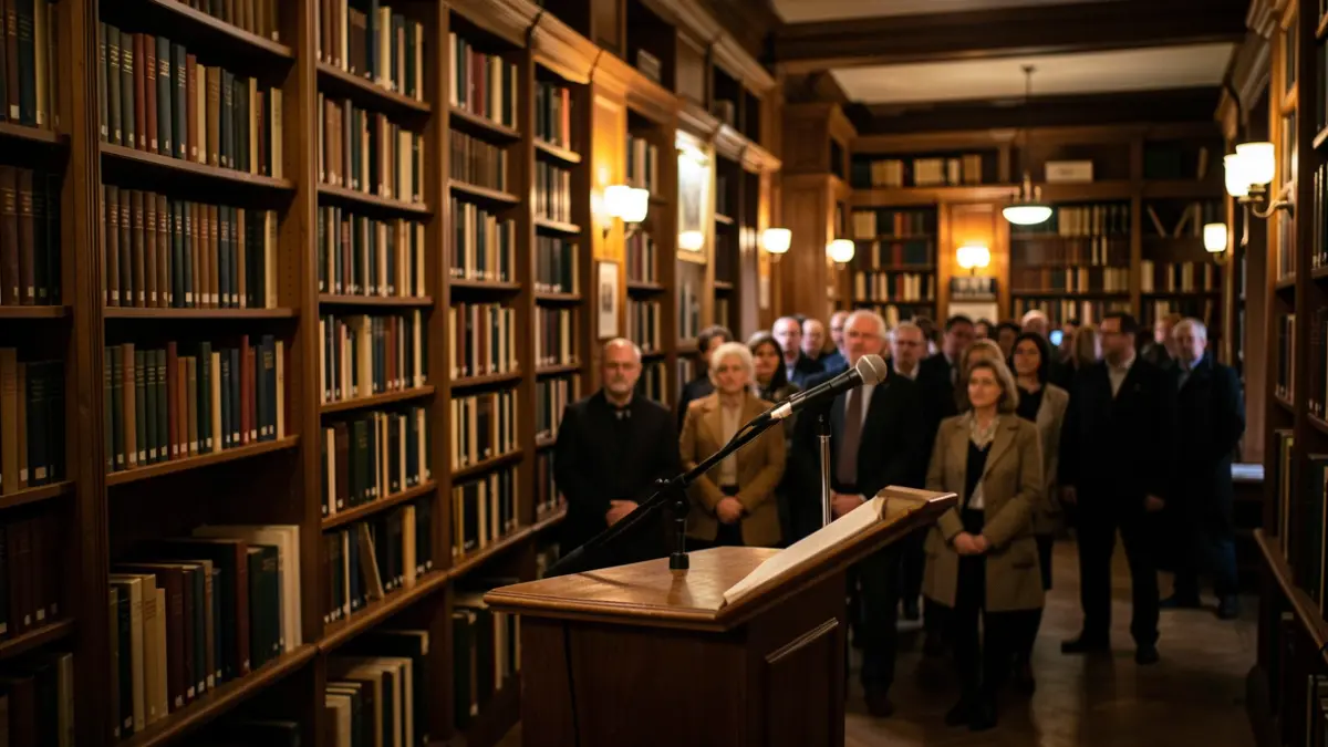 Generic image of a library with books and a microphone.