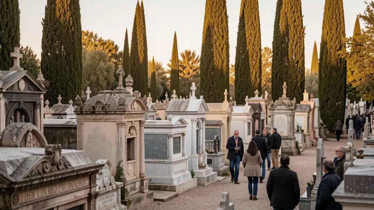 Imagen genérica de un cementerio histórico andaluz con tumbas ornamentadas y cipreses.